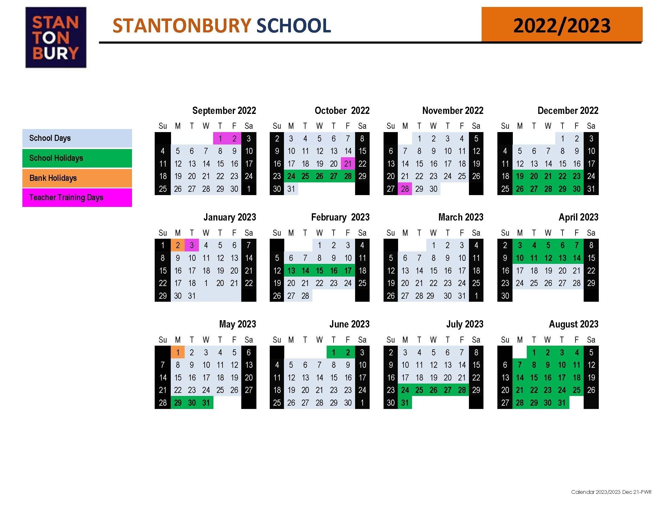 Stantonbury School 2022 2023 Yearly Calendar